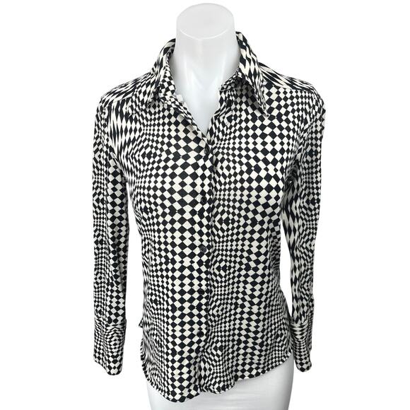 Zara Black White Checkered Plaid Long Sleeve Button Down Shirt Blouse Top Sz M - Picture 1 of 4